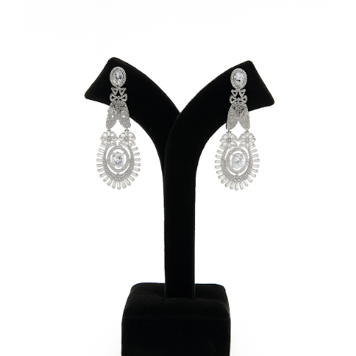 Elegant Silver Finish Long Earrings for Women with Clear Stone Detailing